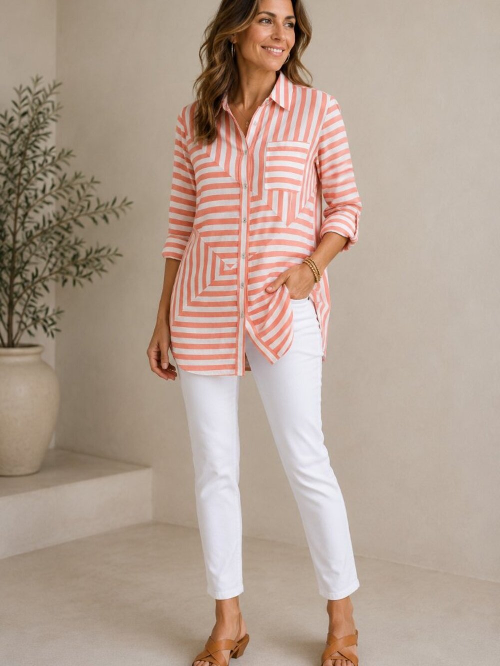 Chico’s Coral White Stripe Tunic Top Button Front Lyocell Women Small